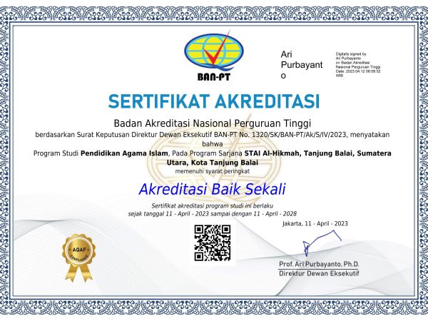 Alhamdulillah, Program Studi Pendidikan Agama Islam STAI AL-Hikmah Tanjungbalai Raih Sertifikat Akreditasi BAIK SEKALI Alhamdulillah, Program Studi Pendidikan Agama Islam STAI AL-Hikmah Tanjungbalai Raih Sertifikat Akreditasi BAIK SEKALI